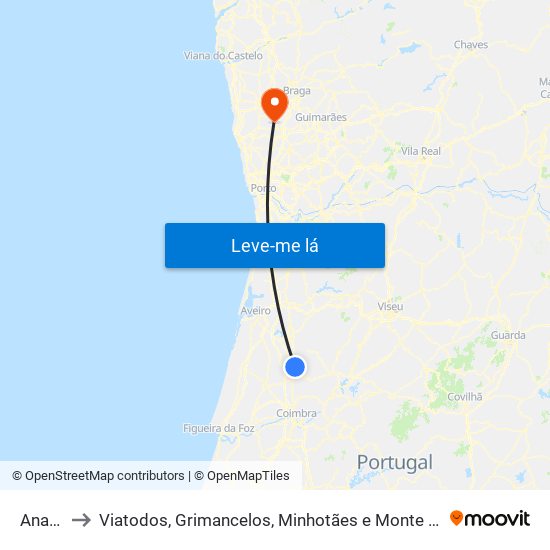 Anadia to Viatodos, Grimancelos, Minhotães e Monte de Fralães map