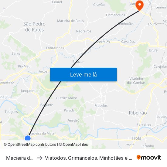 Macieira da Maia to Viatodos, Grimancelos, Minhotães e Monte de Fralães map