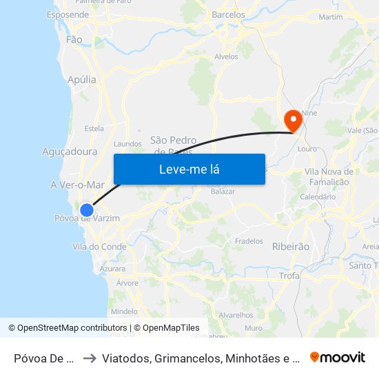 Póvoa De Varzim to Viatodos, Grimancelos, Minhotães e Monte de Fralães map