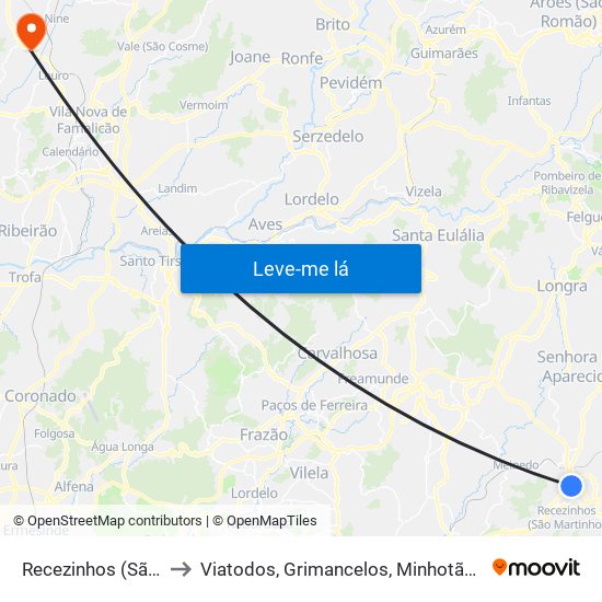 Recezinhos (São Mamede) to Viatodos, Grimancelos, Minhotães e Monte de Fralães map