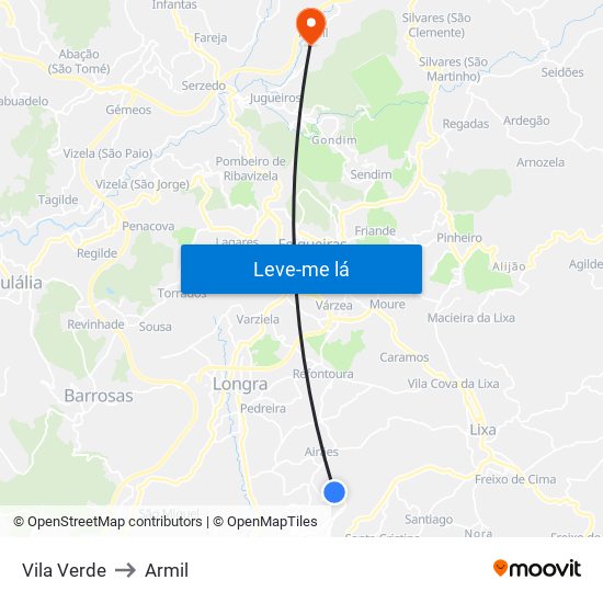 Vila Verde to Armil map
