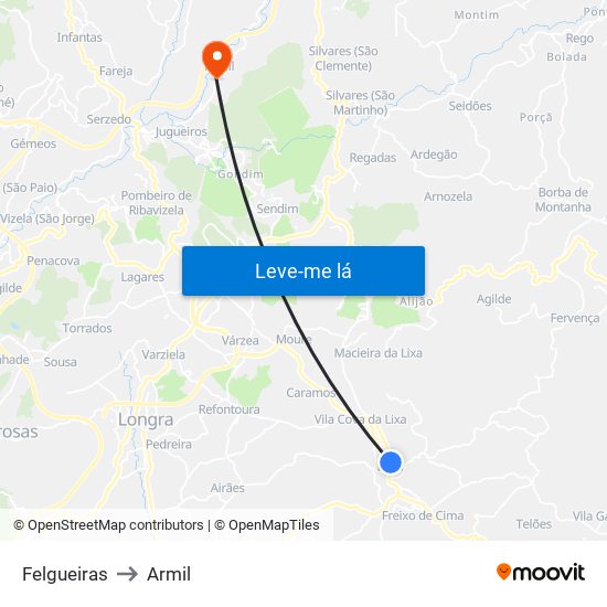 Felgueiras to Armil map