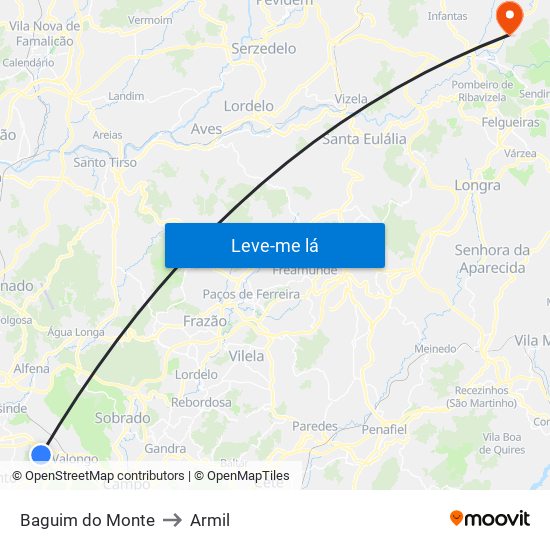 Baguim do Monte to Armil map