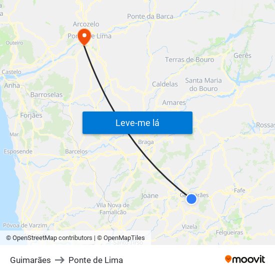 Guimarães to Ponte de Lima map