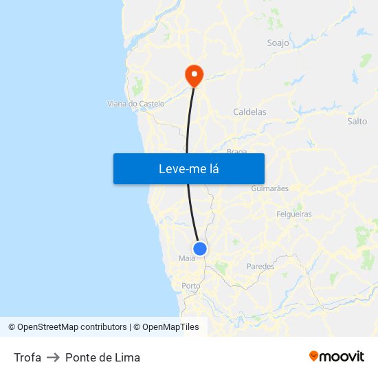 Trofa to Ponte de Lima map