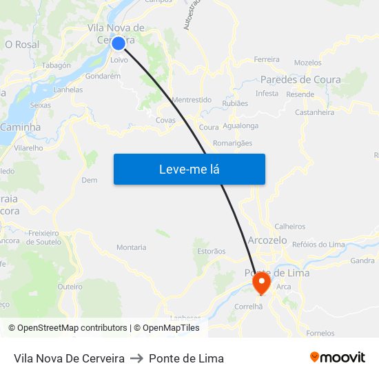 Vila Nova De Cerveira to Ponte de Lima map