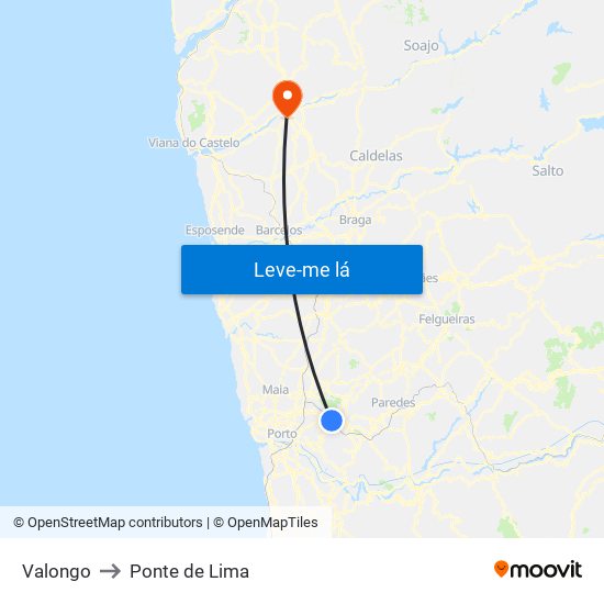 Valongo to Ponte de Lima map