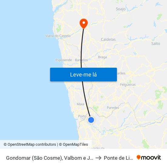 Gondomar (São Cosme), Valbom e Jovim to Ponte de Lima map