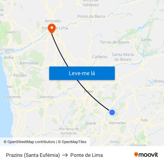 Prazins (Santa Eufémia) to Ponte de Lima map