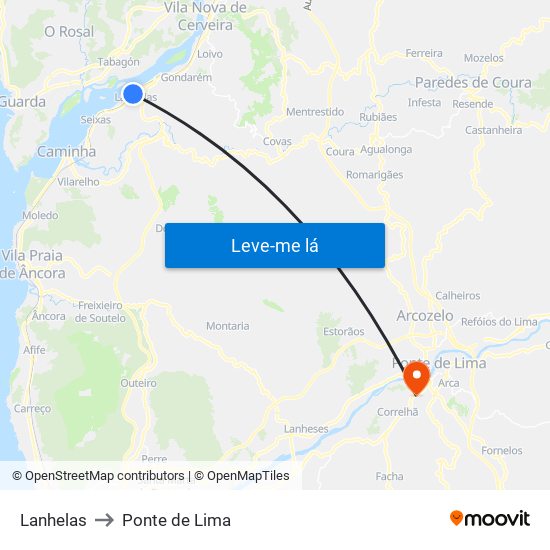 Lanhelas to Ponte de Lima map