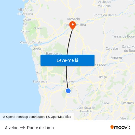 Alvelos to Ponte de Lima map