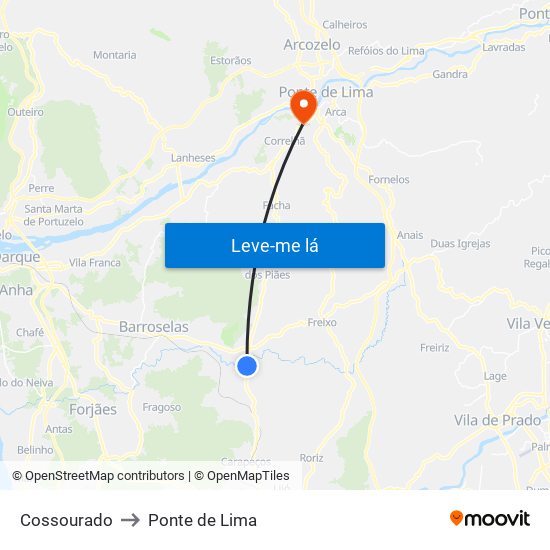 Cossourado to Ponte de Lima map