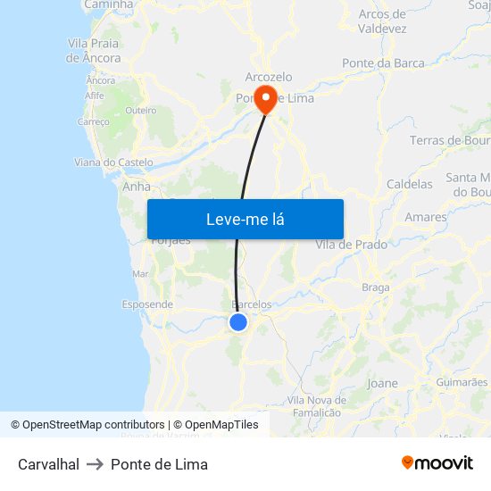 Carvalhal to Ponte de Lima map
