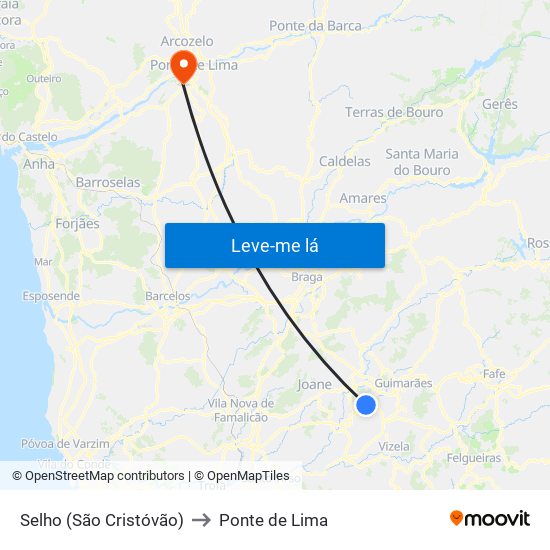 Selho (São Cristóvão) to Ponte de Lima map