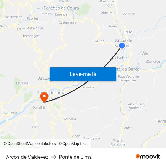 Arcos de Valdevez to Ponte de Lima map