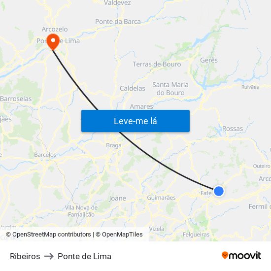 Ribeiros to Ponte de Lima map