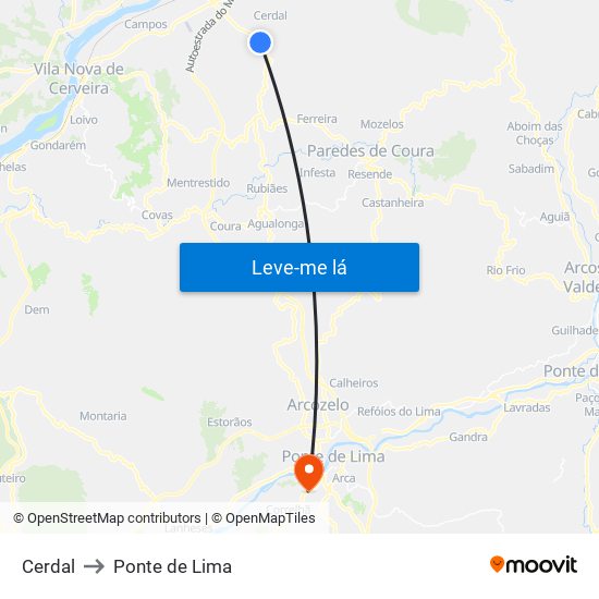 Cerdal to Ponte de Lima map