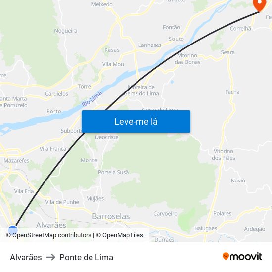 Alvarães to Ponte de Lima map