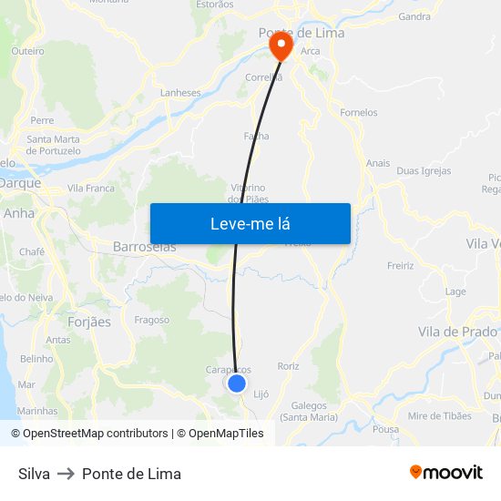 Silva to Ponte de Lima map