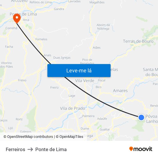 Ferreiros to Ponte de Lima map