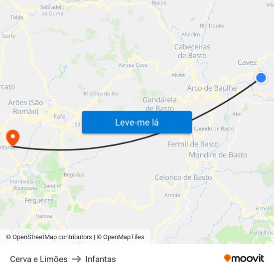 Cerva e Limões to Infantas map