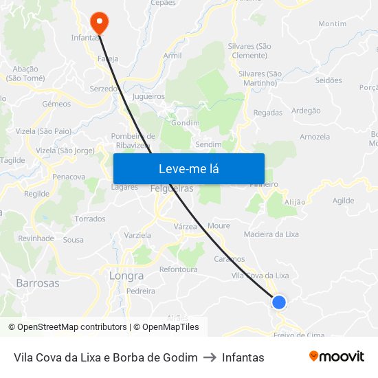 Vila Cova da Lixa e Borba de Godim to Infantas map