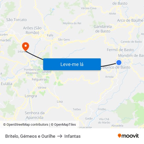 Britelo, Gémeos e Ourilhe to Infantas map