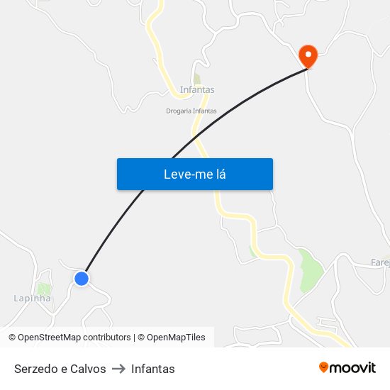 Serzedo e Calvos to Infantas map