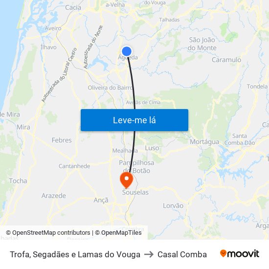 Trofa, Segadães e Lamas do Vouga to Casal Comba map