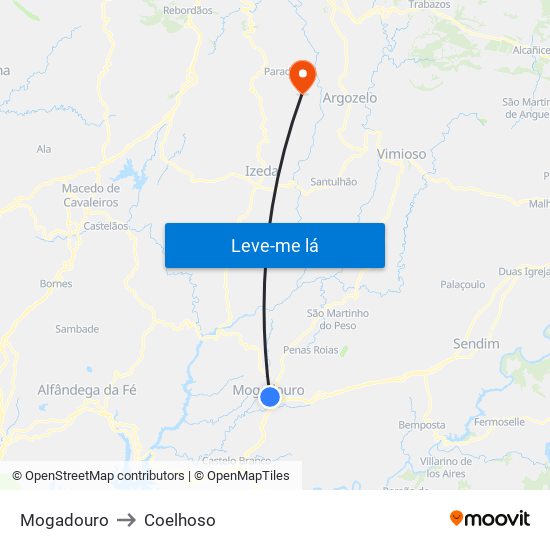 Mogadouro to Coelhoso map