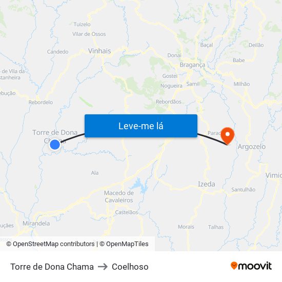 Torre de Dona Chama to Coelhoso map