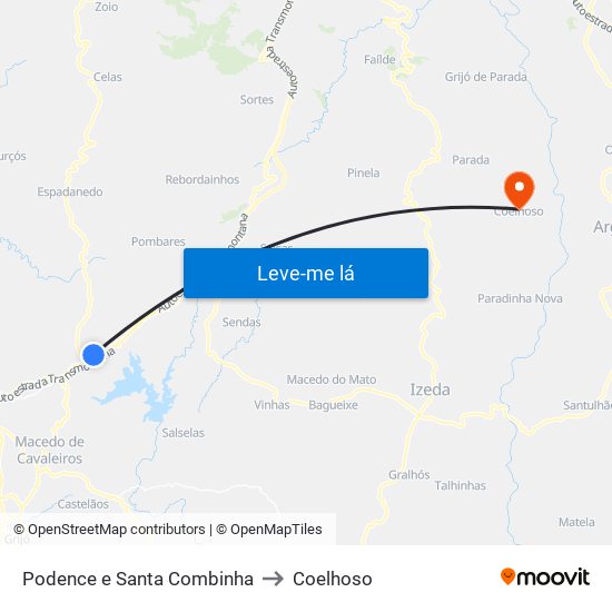 Podence e Santa Combinha to Coelhoso map