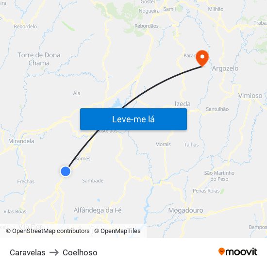 Caravelas to Coelhoso map