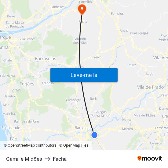 Gamil e Midões to Facha map