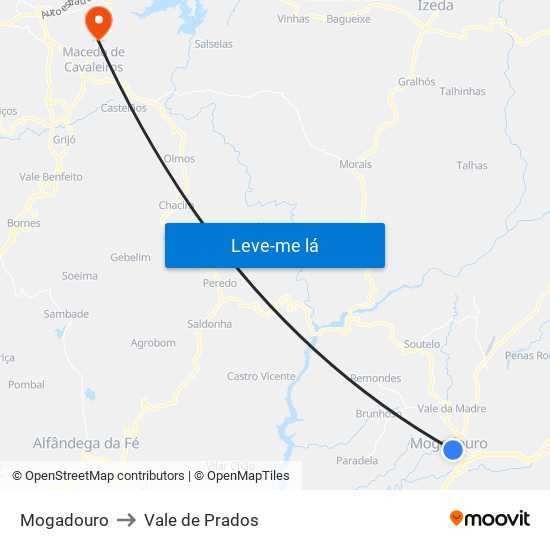 Mogadouro to Vale de Prados map