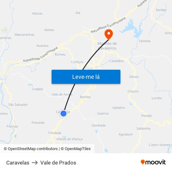 Caravelas to Vale de Prados map