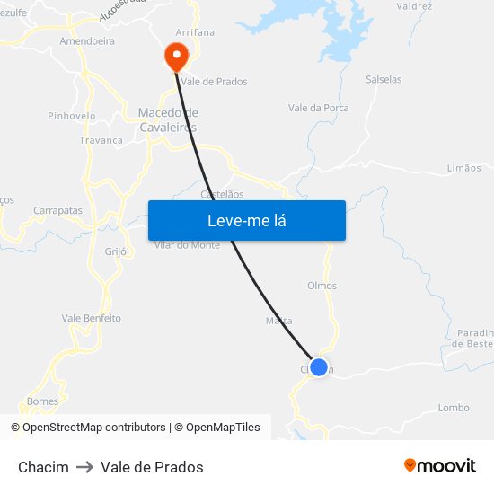 Chacim to Vale de Prados map