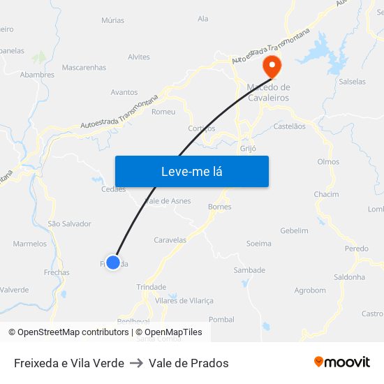 Freixeda e Vila Verde to Vale de Prados map