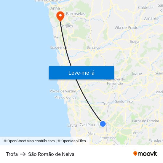 Trofa to São Romão de Neiva map