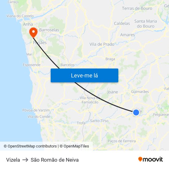 Vizela to São Romão de Neiva map