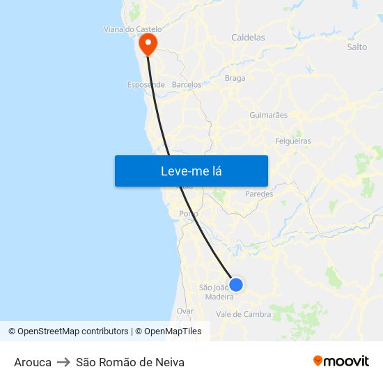 Arouca to São Romão de Neiva map