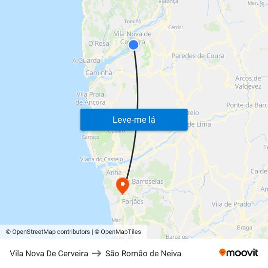 Vila Nova De Cerveira to São Romão de Neiva map