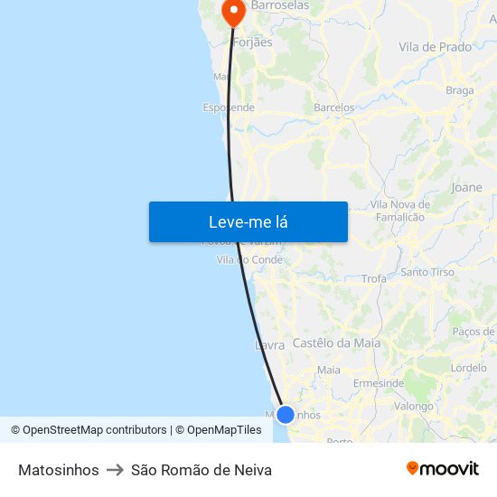 Matosinhos to São Romão de Neiva map