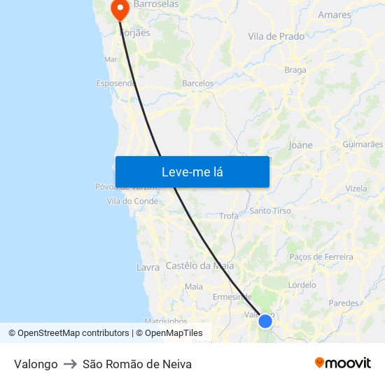 Valongo to São Romão de Neiva map