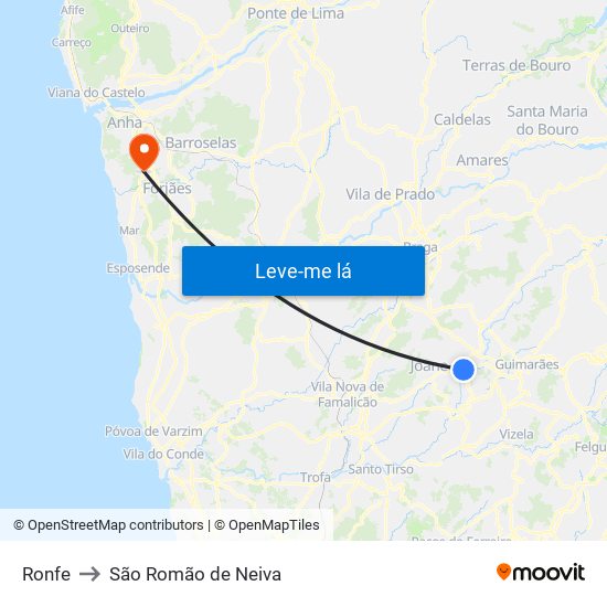Ronfe to São Romão de Neiva map