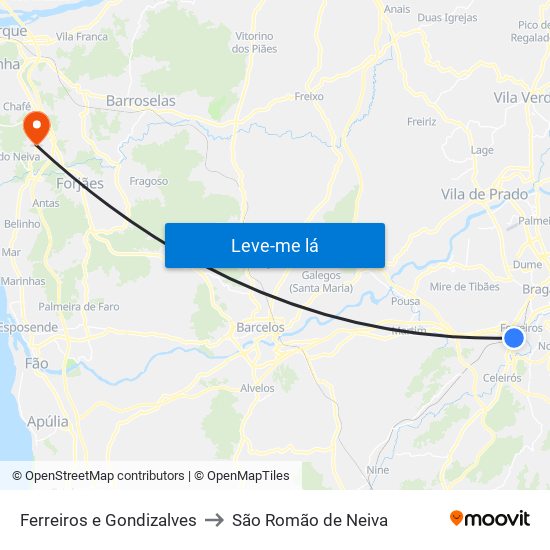 Ferreiros e Gondizalves to São Romão de Neiva map