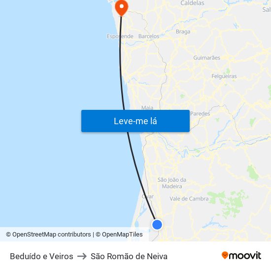 Beduído e Veiros to São Romão de Neiva map