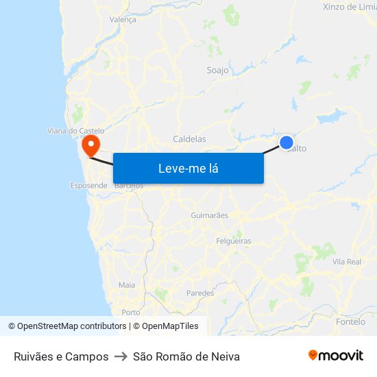 Ruivães e Campos to São Romão de Neiva map