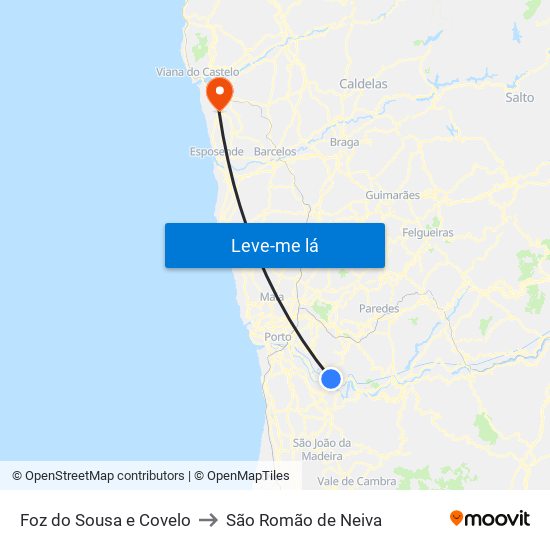 Foz do Sousa e Covelo to São Romão de Neiva map