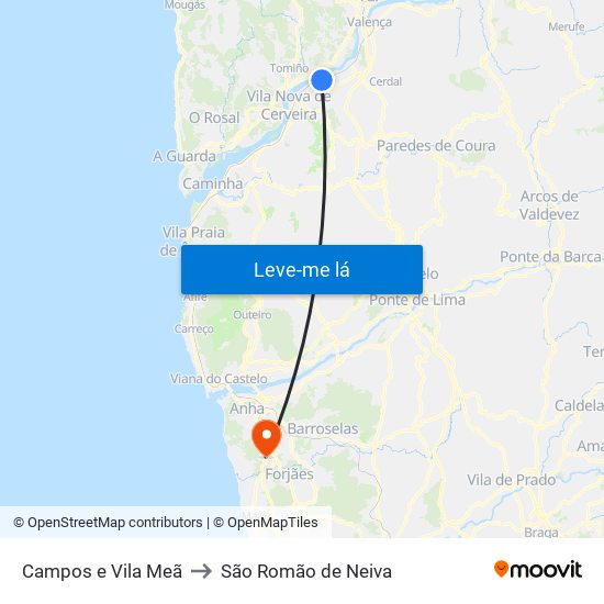 Campos e Vila Meã to São Romão de Neiva map